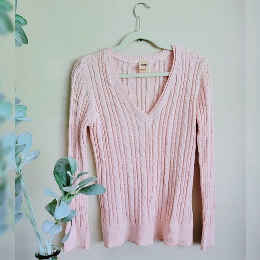Faded Glory Pink V-Neck Cableknit Sweater (L)